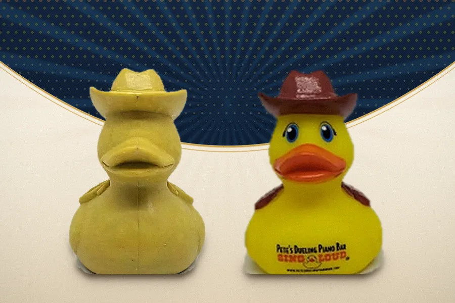 The same custom duck at both ends of the build: the hand-sculpted clay original on the left and the finished hand-painted production piece on the right