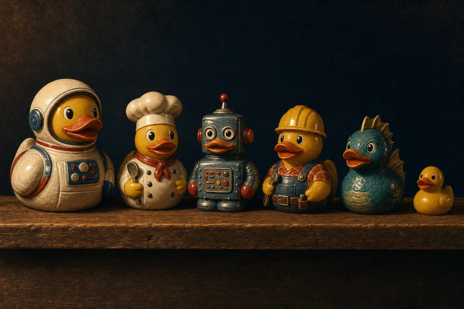 Six different fully custom molded collectible duck figures — astronaut, chef, robot, tradesman, sea monster and mini — lined up on a walnut shelf