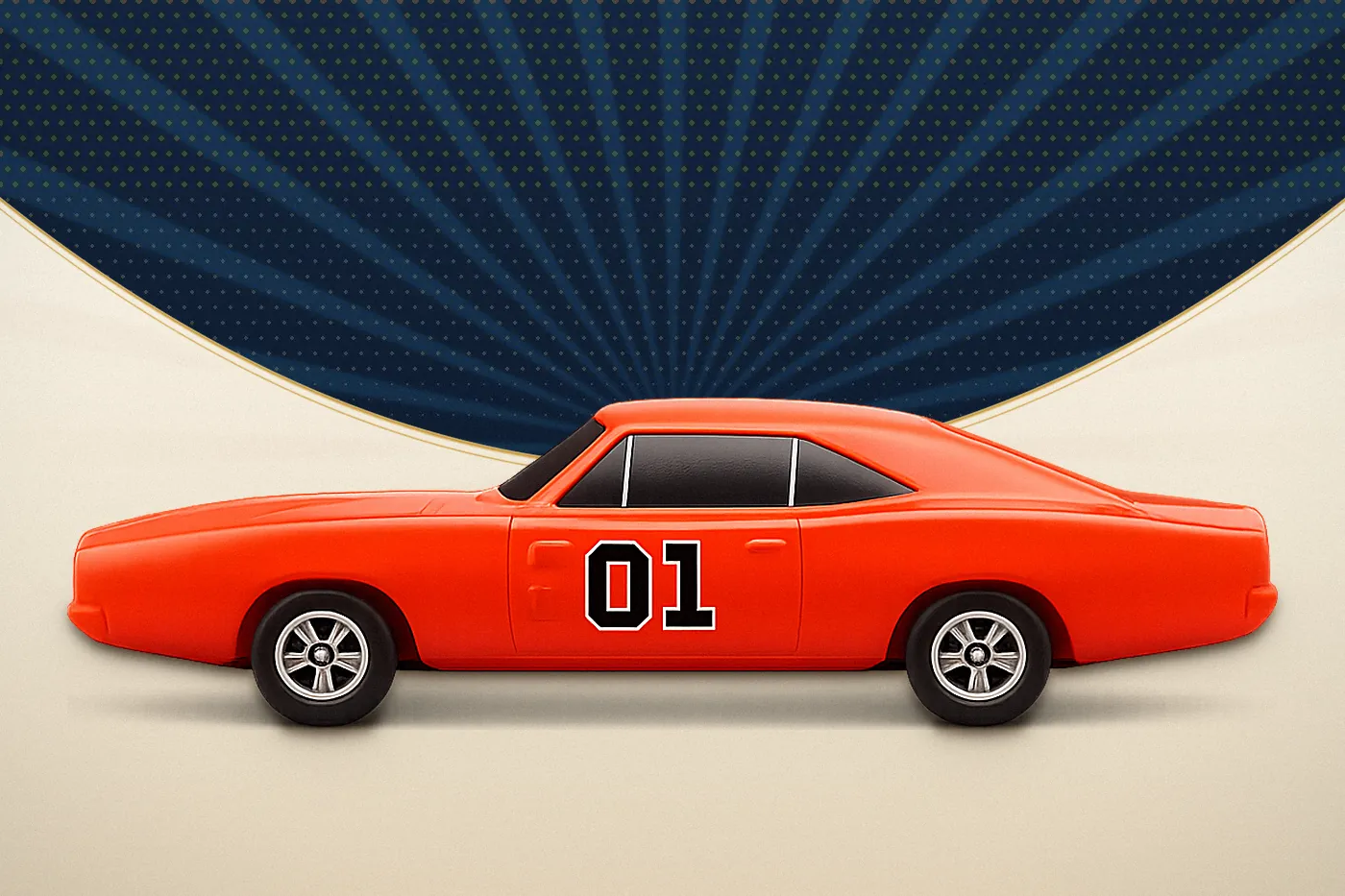 A fully custom molded collectible muscle car in glossy orange with a number 01 on the door, shown in side profile against a navy and cream vintage poster background