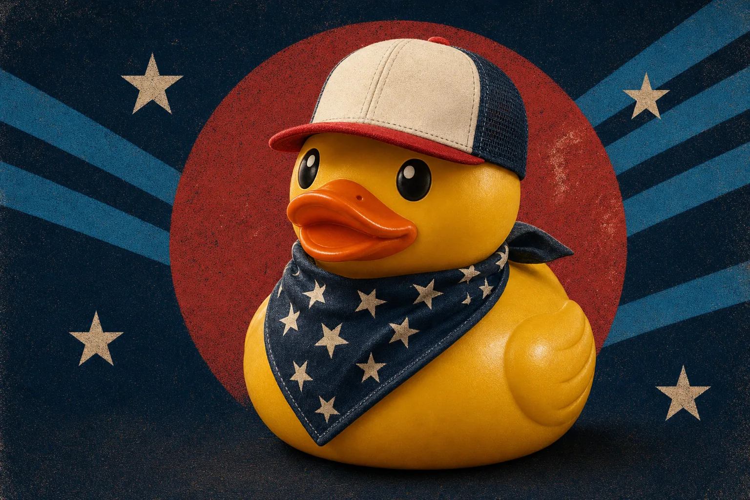 A custom molded yellow rubber duck wearing a cap and a star-printed bandana against a navy and brick red vintage poster background
