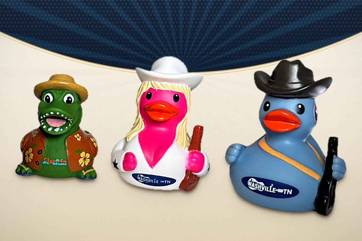 Three fully custom molded duck collectibles on a navy and cream vintage poster background: a green alligator in a Hawaiian shirt and straw hat, a blonde country singer in a white cowboy hat holding a guitar, and a blue cowboy duck in a black hat holding a guitar