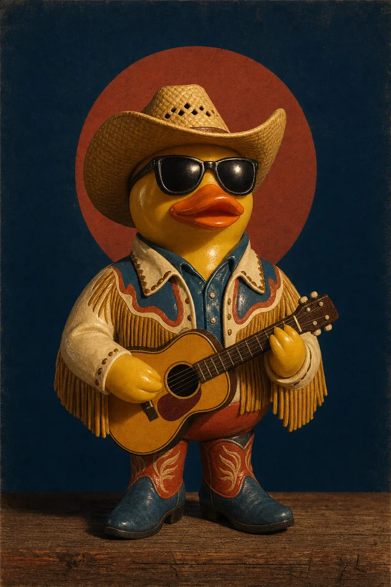 A hand-painted custom molded duck figure styled as a country performer in a straw cowboy hat, sunglasses and fringed western jacket holding a guitar