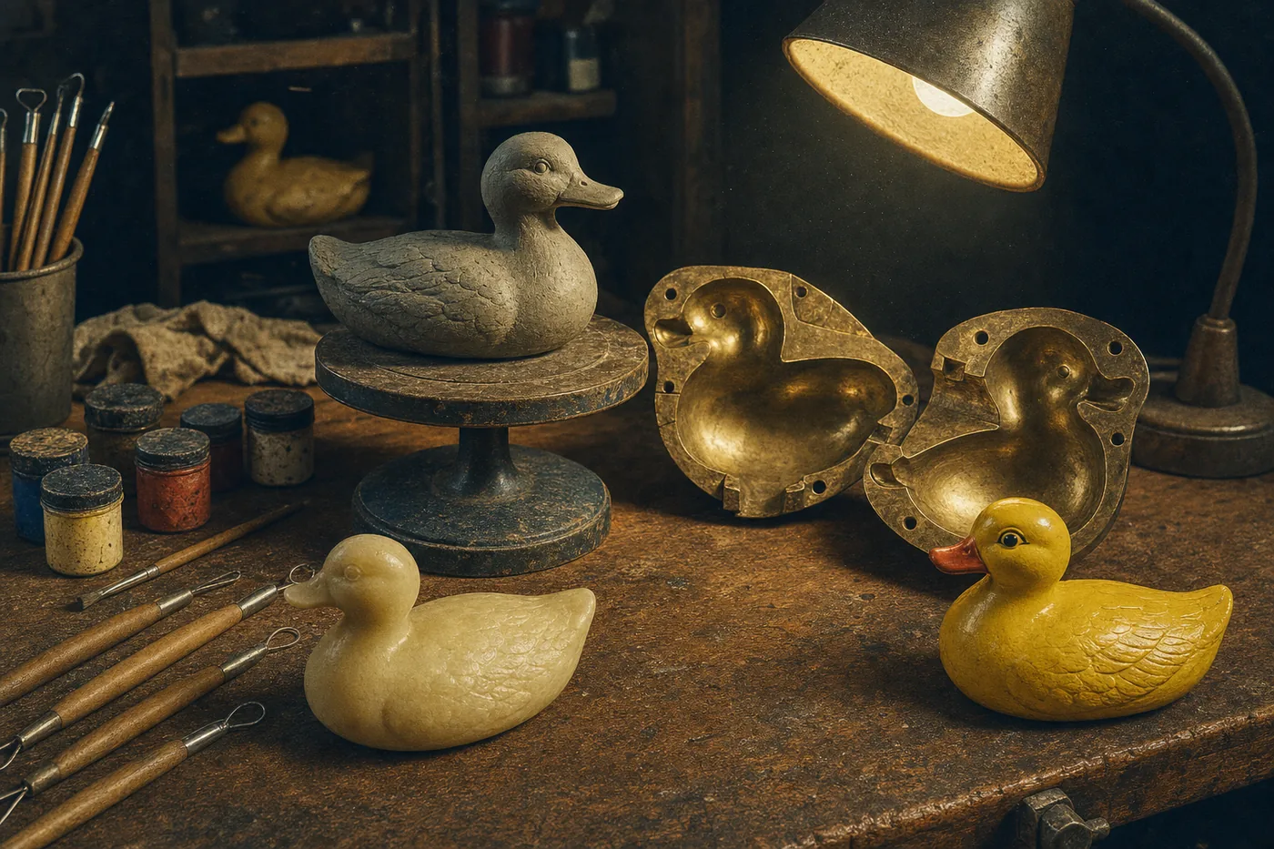 A mold block, a gray unpainted sculpt, paint pots and a finished hand-painted custom duck sample on a workbench