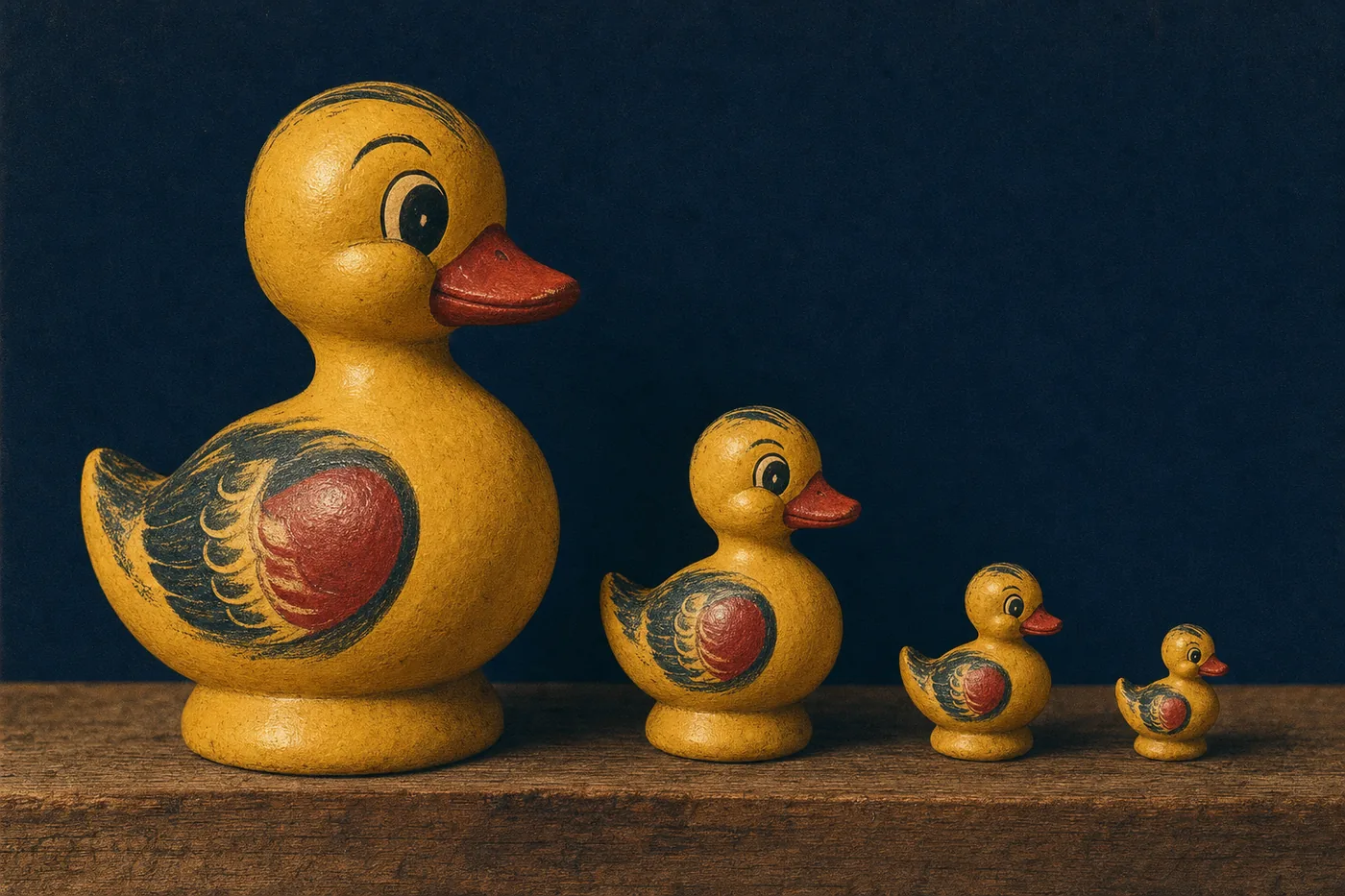A jumbo custom duck beside three mini ducks showing the production size range