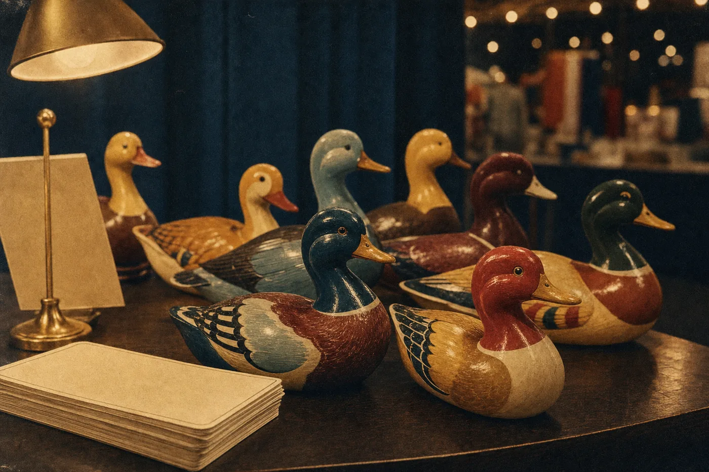A bowl of collectible ducks on a branded event table with attendees in the background